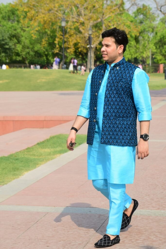 8 Best Diwali Kurtas for Men Under ₹1,000 (2026) Man in a light blue kurta with a navy printed Nehru jacket