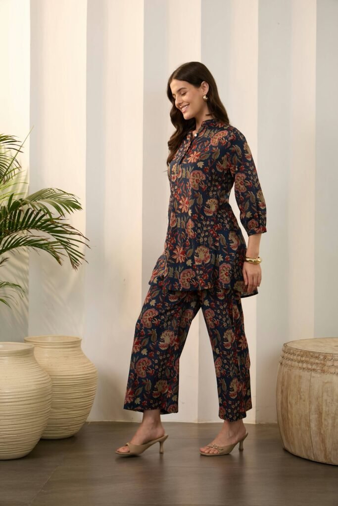 Woman in a navy floral co-ord kurta and pants
