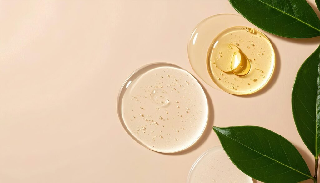 Pre-Diwali Glow: A 3-Week Skincare Plan for Men and Women (2026) Drops of skincare serum and green leaves on a soft peach background